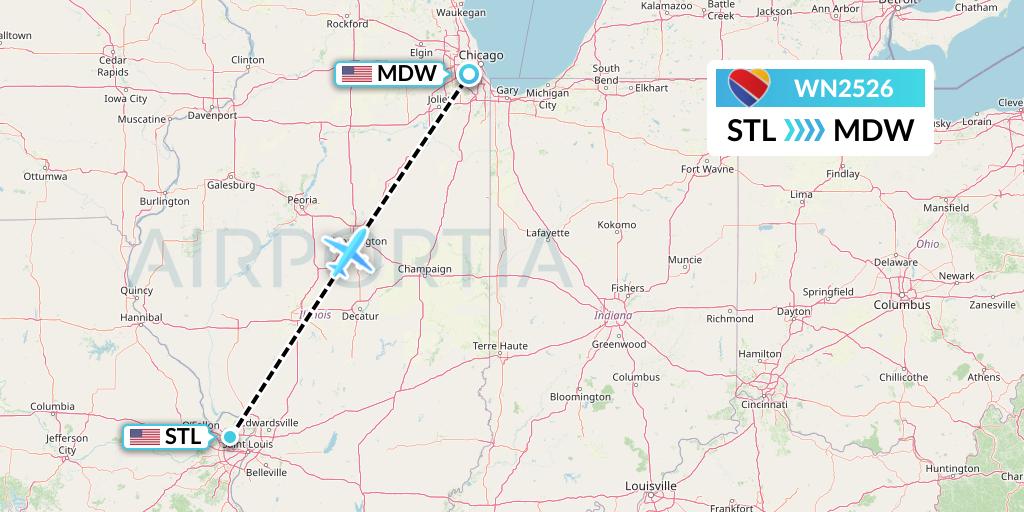 WN2526 Southwest Airlines Flight Map: St. Louis to Chicago