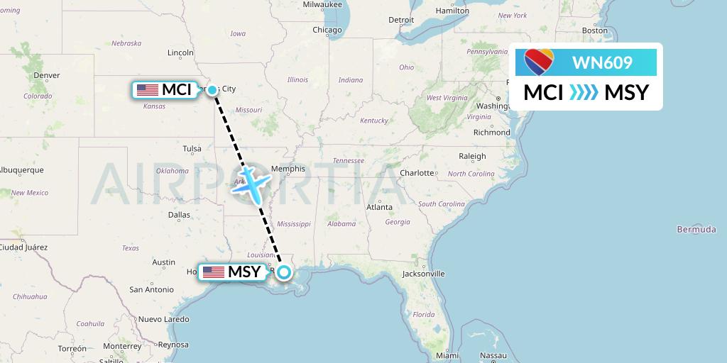 WN609 Southwest Airlines Flight Map: Kansas City to New Orleans