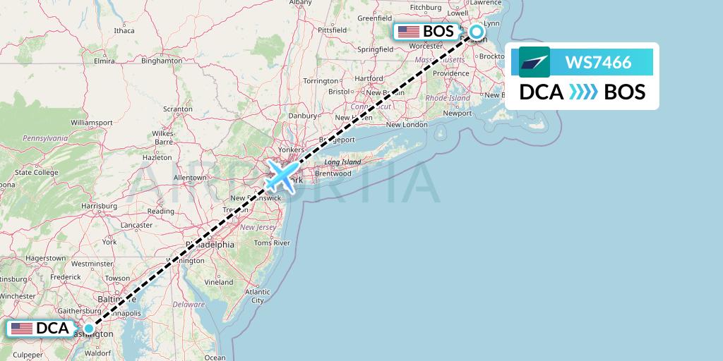 WS7466 WestJet Flight Map: Washington to Boston
