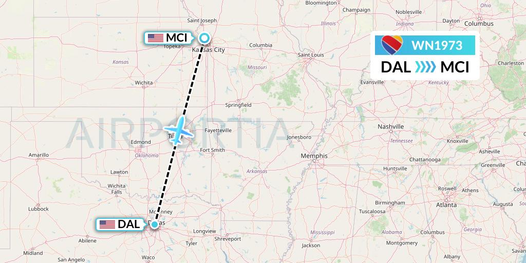 WN1973 Southwest Airlines Flight Map: Dallas to Kansas City