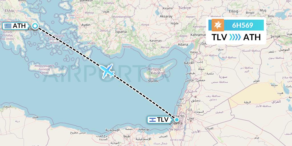 6H569 Israir Airlines Flight Map: Tel Aviv to Athens