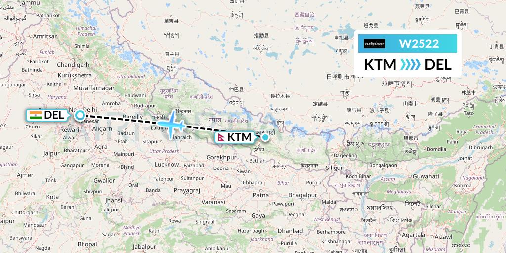 W2522 Flex Flight Flight Map: Kathmandu to Delhi