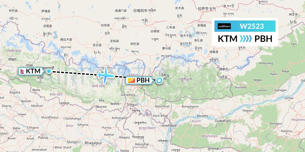 W2523 Flex Flight Flight Map: Kathmandu to Paro