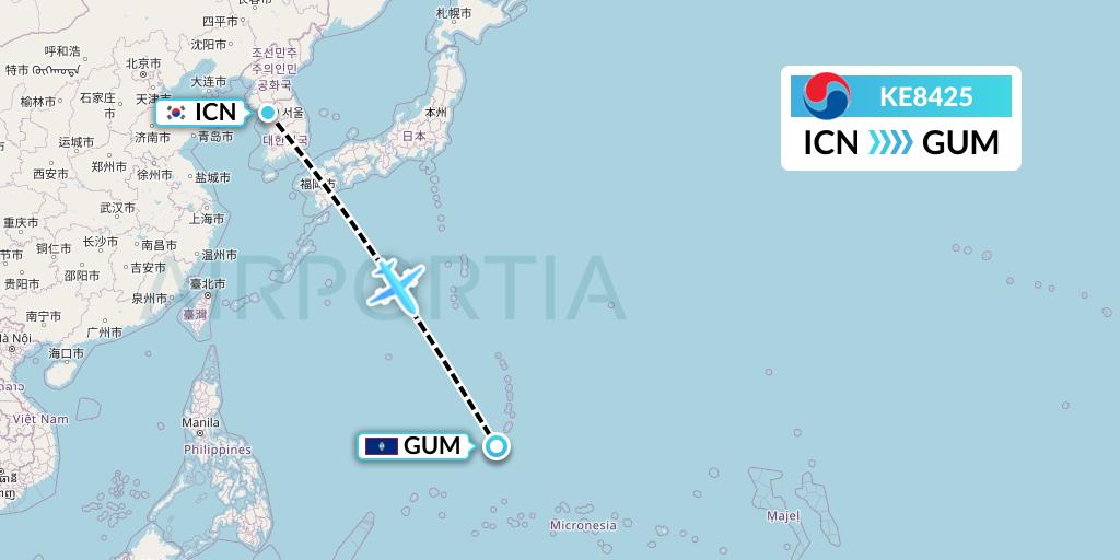 KE8425 Korean Air Flight Map: Seoul to Guam