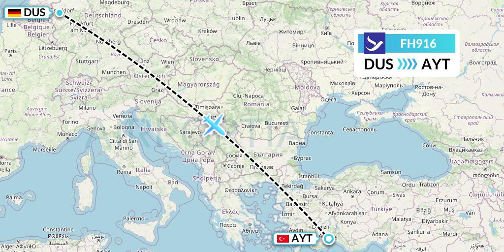 FH916 Freebird Airlines Flight Map: Dusseldorf to Antalya