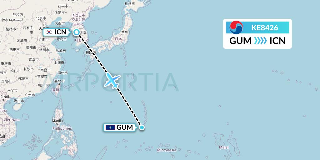 KE8426 Korean Air Flight Map: Guam to Seoul