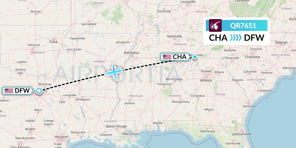 QR7651 Qatar Airways Flight Map: Chattanooga to Dallas