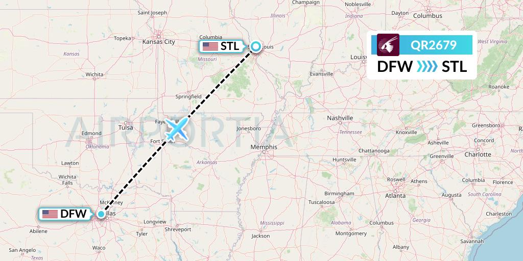 QR2679 Qatar Airways Flight Map: Dallas to St. Louis