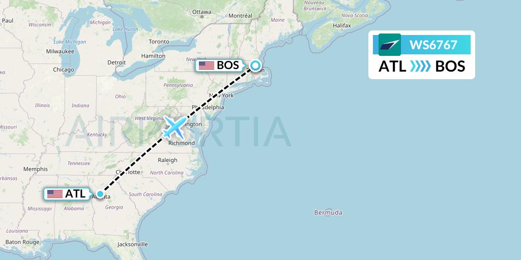 WS6767 WestJet Flight Map: Atlanta to Boston