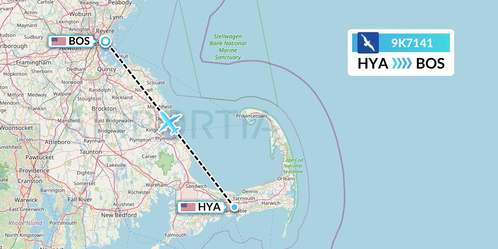 9K7141 Cape Air Flight Map: Hyannis to Boston