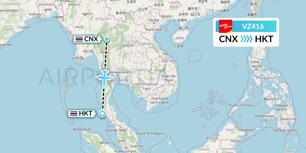 VZ416 Thai Vietjet Air Flight Map: Chiang Mai to Phuket