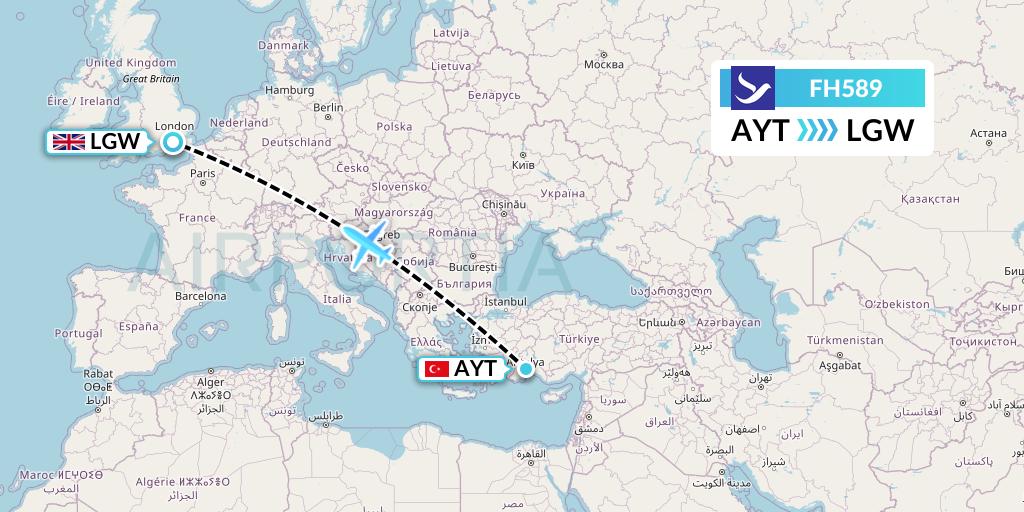 FH589 Freebird Airlines Flight Map: Antalya to London