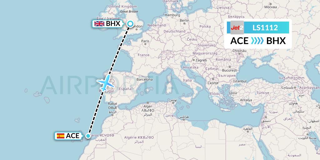 LS1112 Jet2 Flight Map: Lanzarote to Birmingham