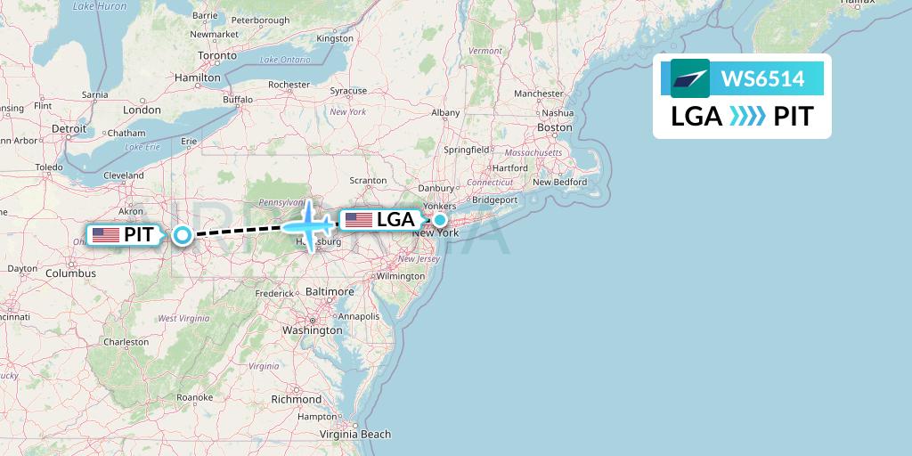 WS6514 WestJet Flight Map: New York to Pittsburgh