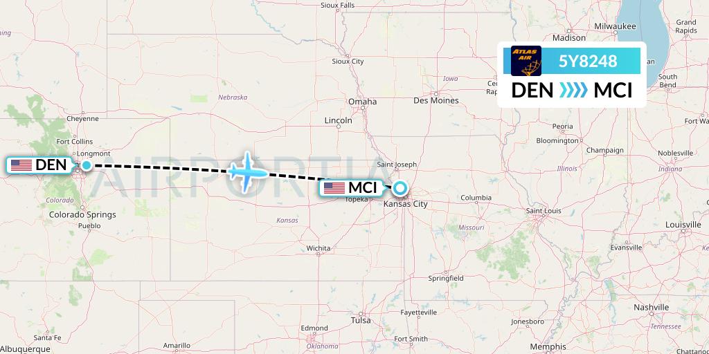 5Y8248 Atlas Air Flight Map: Denver to Kansas City