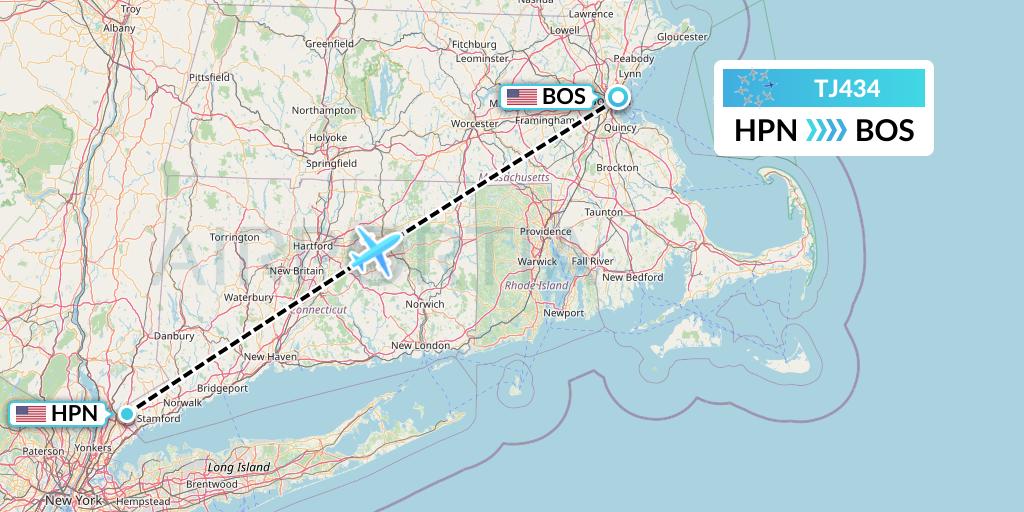 TJ434 Tradewind Aviation Flight Map: White Plains to Boston