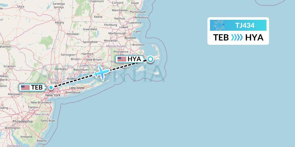 TJ434 Tradewind Aviation Flight Map: Teterboro to Hyannis