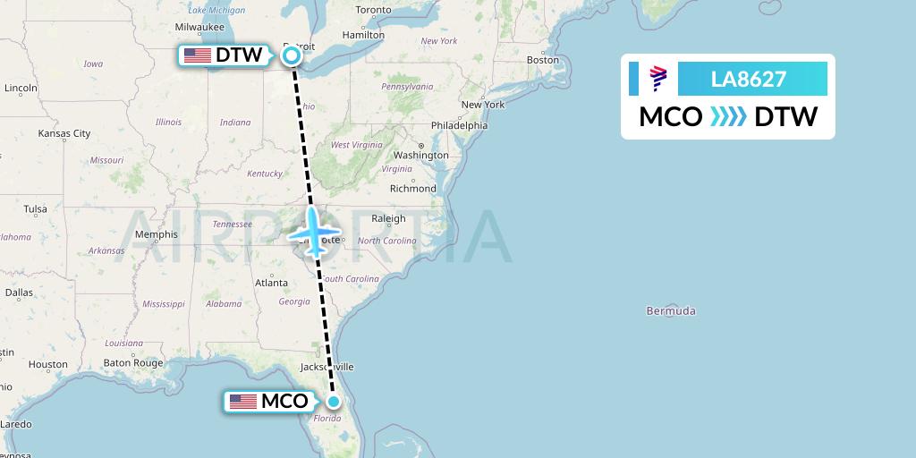 LA8627 LAN Airlines Flight Map: Orlando to Detroit