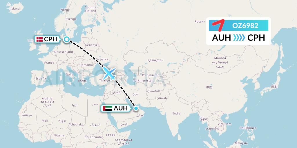 OZ6982 Asiana Airlines Flight Map: Abu Dhabi to Copenhagen