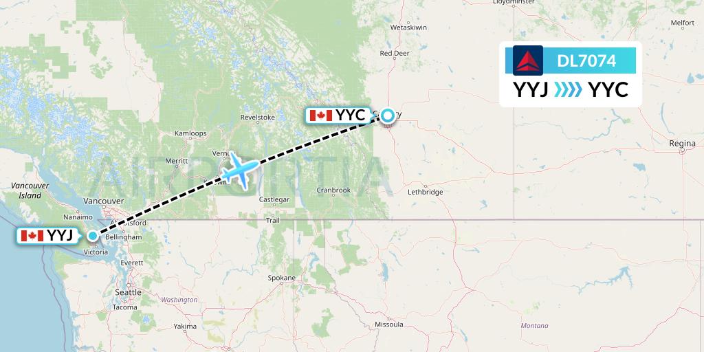 DL7074 Delta Air Lines Flight Map: Victoria to Calgary