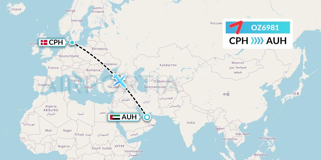 OZ6981 Asiana Airlines Flight Map: Copenhagen to Abu Dhabi