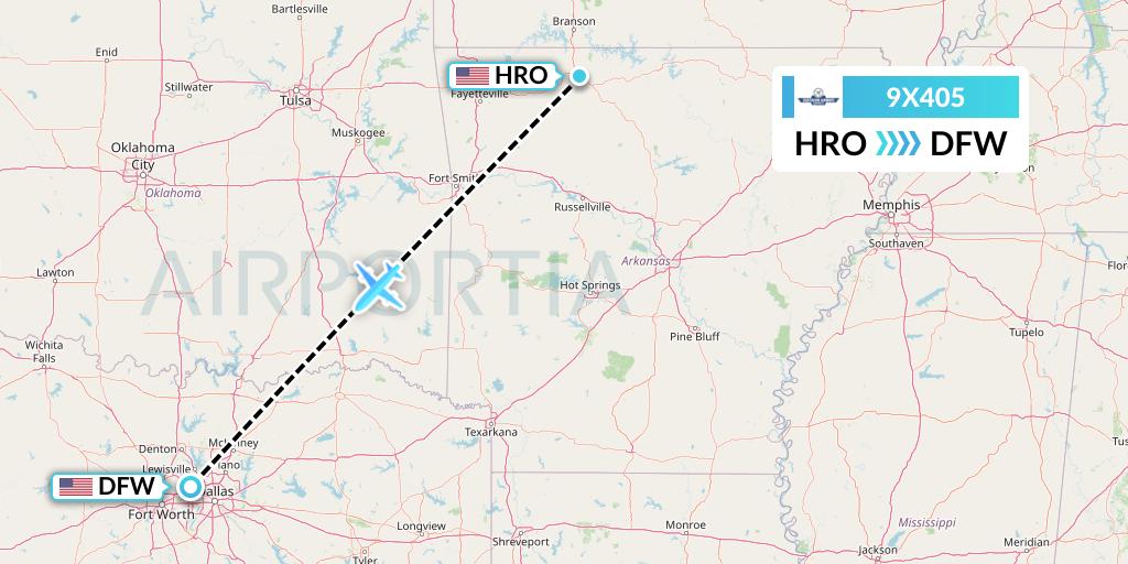 9X405 Southern Airways Express Flight Map: Harrison to Dallas