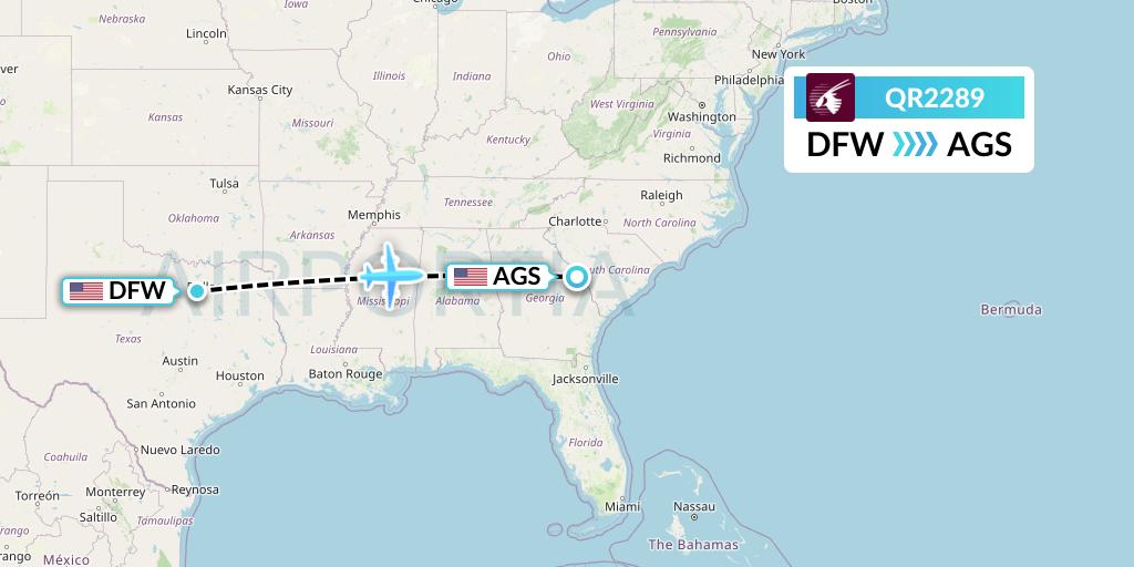 QR2289 Qatar Airways Flight Map: Dallas to Augusta