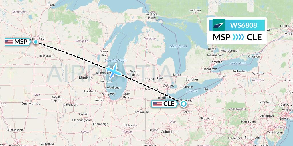 WS6808 WestJet Flight Map: Minneapolis to Cleveland