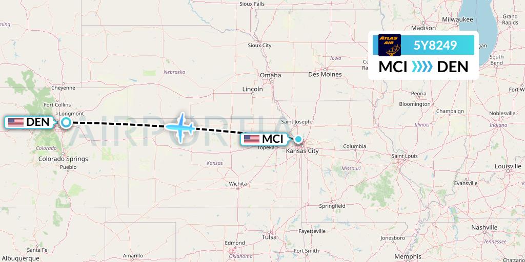 5Y8249 Atlas Air Flight Map: Kansas City to Denver