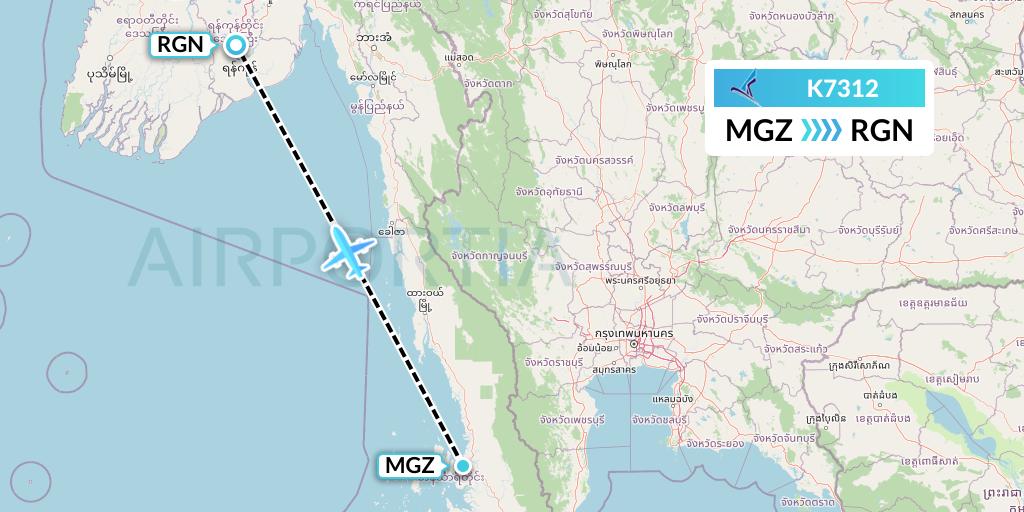 K7312 Air KBZ Flight Map: Myeik to Yangon