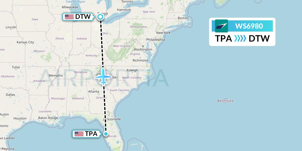 WS6980 WestJet Flight Map: Tampa to Detroit