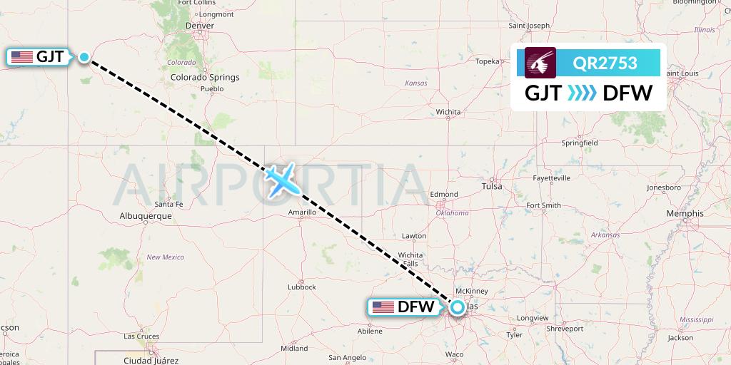 QR2753 Qatar Airways Flight Map: Grand Junction to Dallas