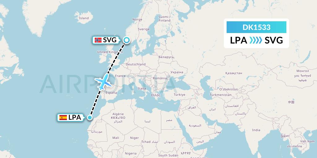 DK1533 Thomas Cook Airlines Scandinavia Flight Map: Las Palmas to Stavanger