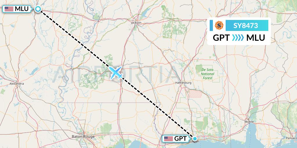 SY8473 Sun Country Airlines Flight Map: Gulfport to Monroe