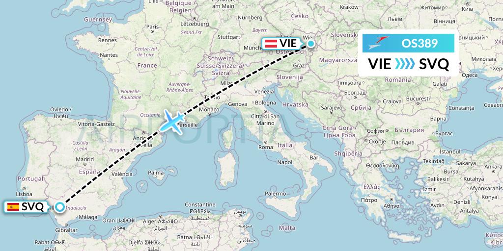 OS389 Austrian Airlines Flight Map: Vienna to Seville