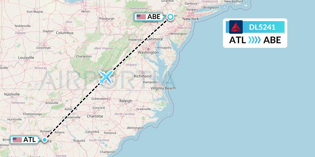 DL5241 Delta Air Lines Flight Map: Atlanta to Allentown