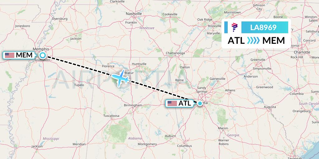 LA8969 LAN Airlines Flight Map: Atlanta to Memphis