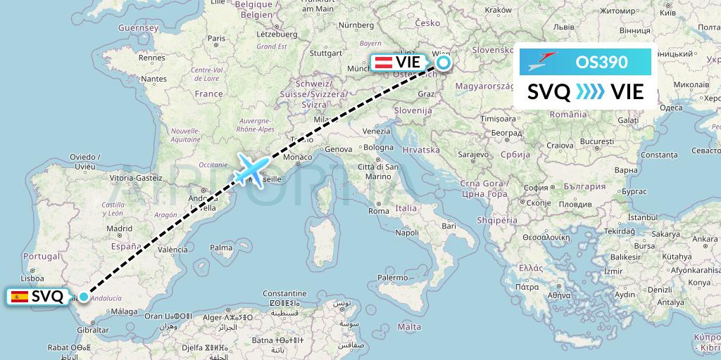 OS390 Austrian Airlines Flight Map: Seville to Vienna