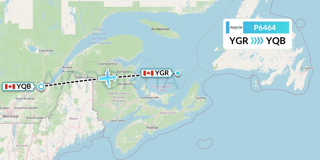 P6464 Pascan Aviation Flight Map: Iles-de-la-Madeleine to Quebec
