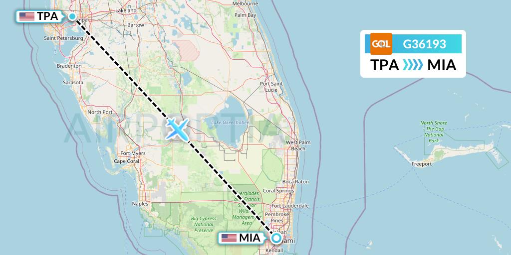 G36193 GOL Transportes Aeros Flight Map: Tampa to Miami