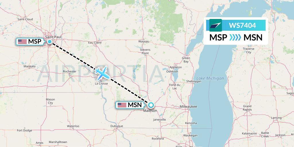 WS7404 WestJet Flight Map: Minneapolis to Madison