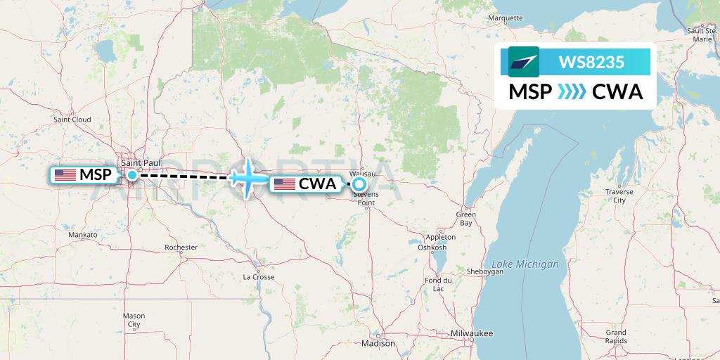 WS8235 WestJet Flight Map: Minneapolis to Wausau