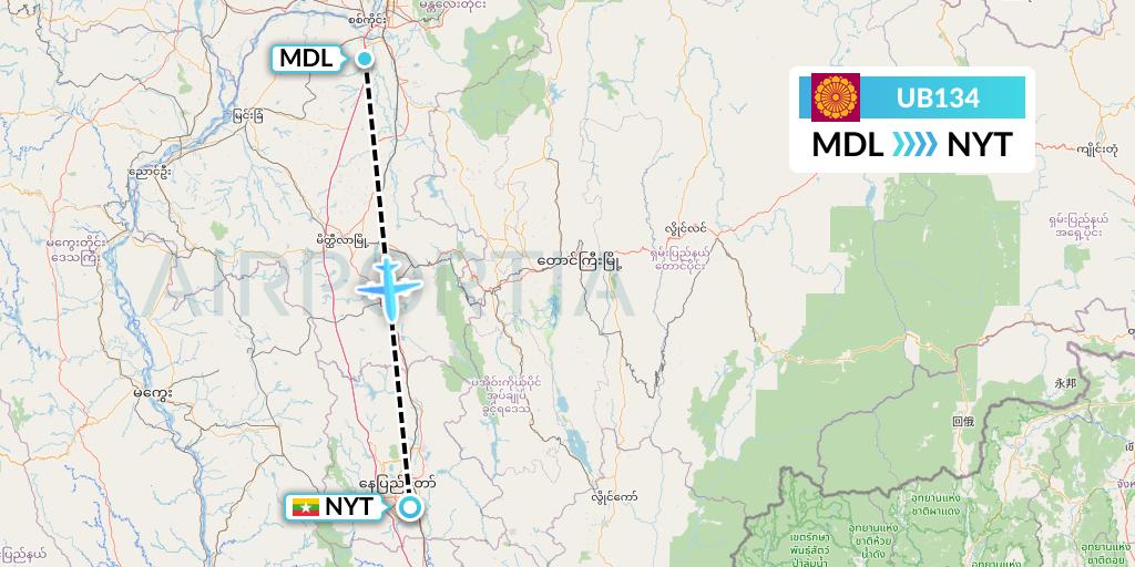 UB134 Myanmar National Airlines Flight Map: Mandalay to Naypyidaw 