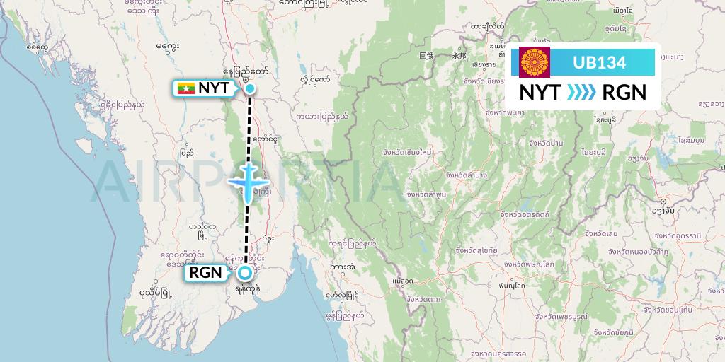 UB134 Myanmar National Airlines Flight Map: Naypyidaw to Yangon