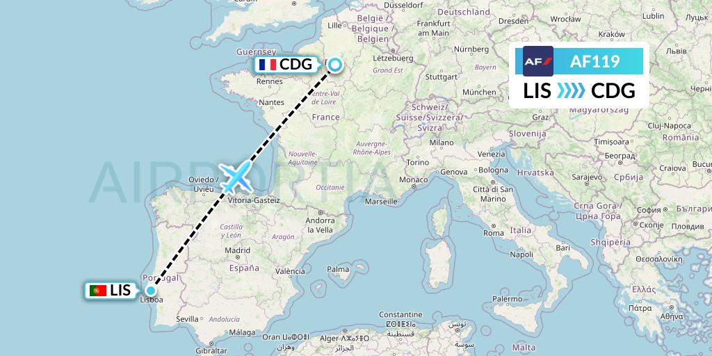 AF119 Air France Flight Map: Lisbon to Paris