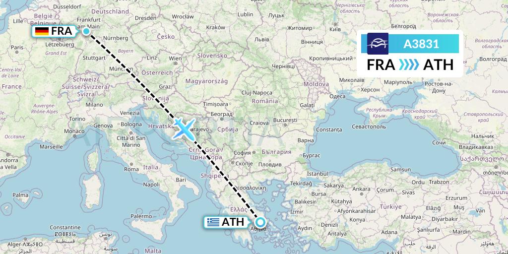 A3831 Aegean Airlines Flight Map: Frankfurt to Athens
