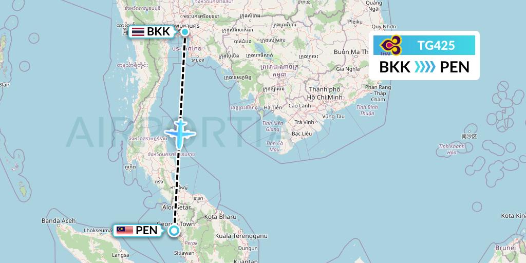 TG425 Thai Airways Flight Map: Bangkok to Penang