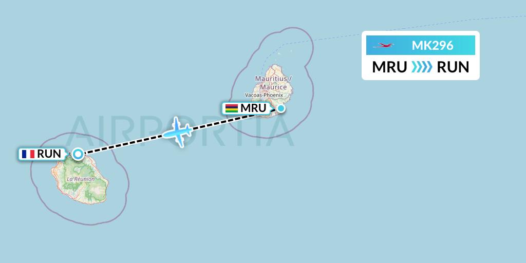 MK296 Air Mauritius Flight Map: Port Louis to Saint-Denis