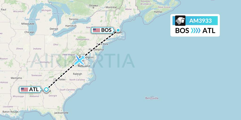 AM3933 Aeromexico Flight Map: Boston to Atlanta