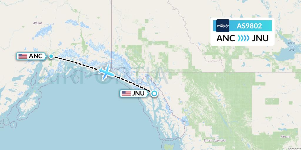 AS9802 Alaska Airlines Flight Map: Anchorage to Juneau